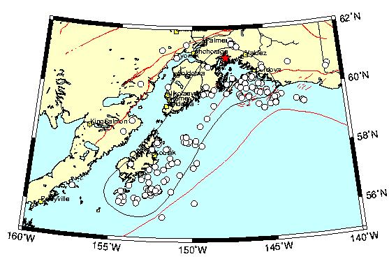 Map of the location of the 1964 earthquake: epicenter (star), aftershocks (open circles within 1 month), estimated fault rupture extent (solid black line), and mapped faults (red lines)